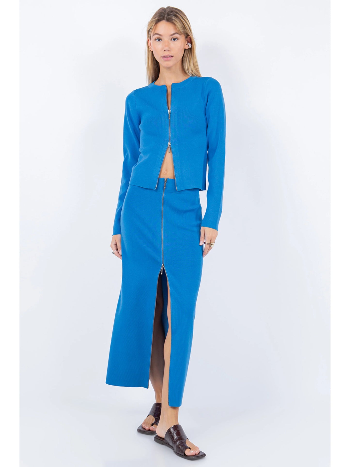 Ruby & Jenna Women's Zip Up Detailed Rib Top With Skirt