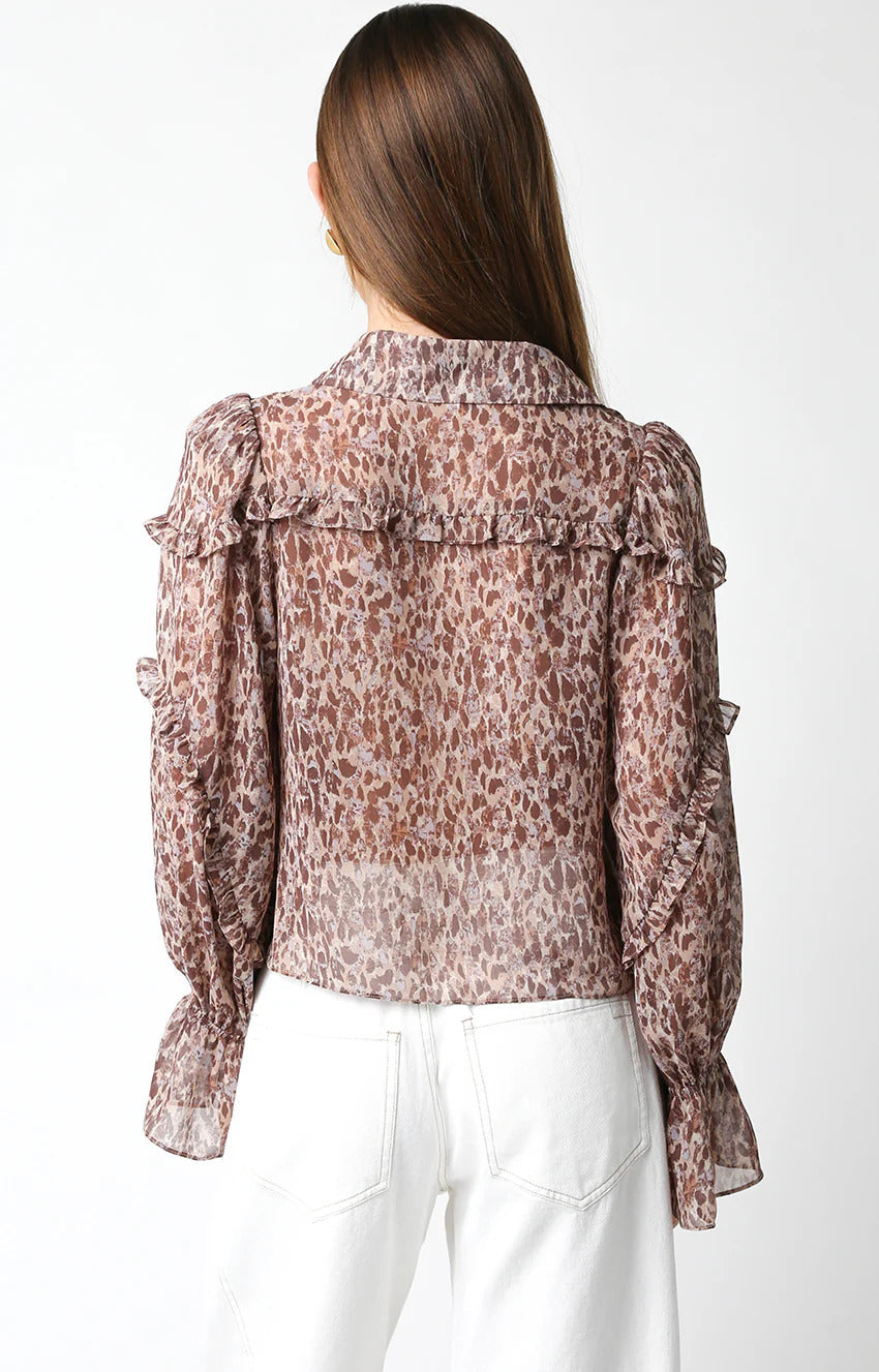 Ruby & Jenna Women's Leopard Rufflle Button Up