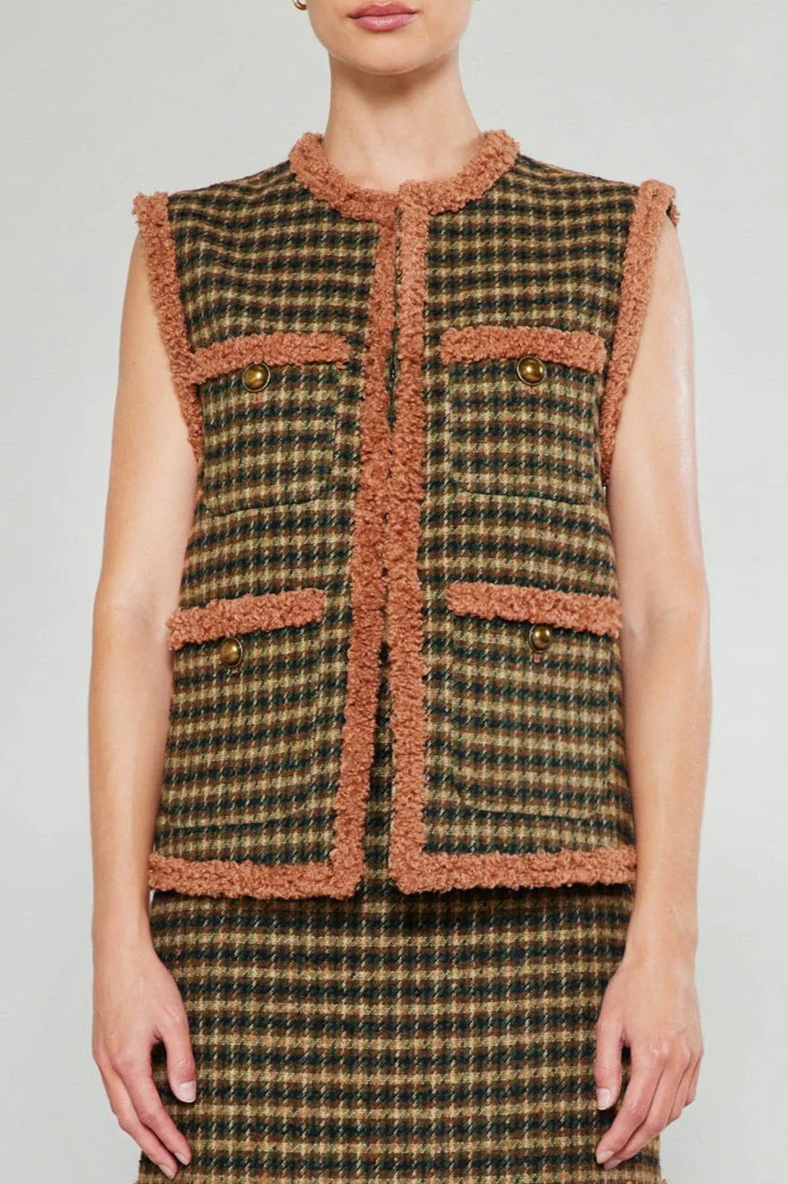 Ruby & Jenna Women's Houndstooth Vest With Fur Tim