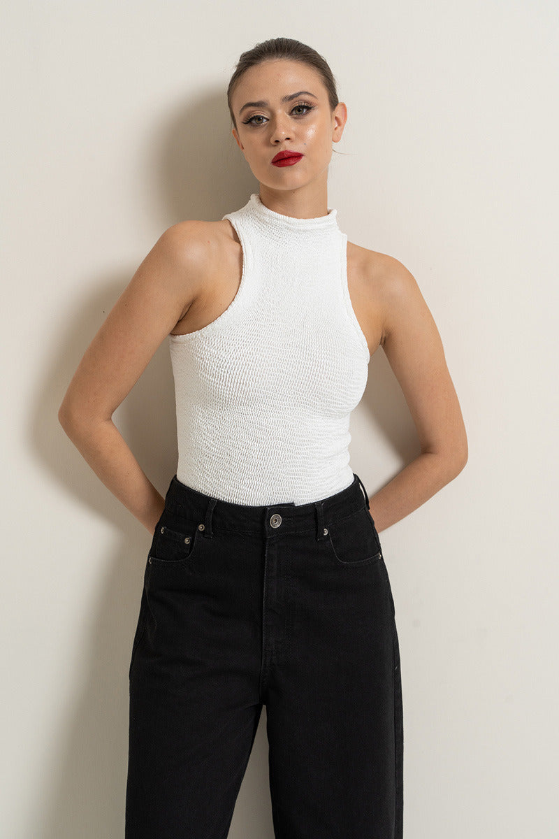 Kikiriki Women's Offwhite Mock Neck Sleeveless Top