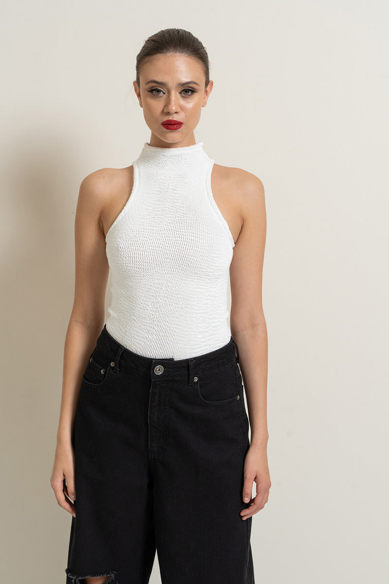 Kikiriki Women's Offwhite Mock Neck Sleeveless Top