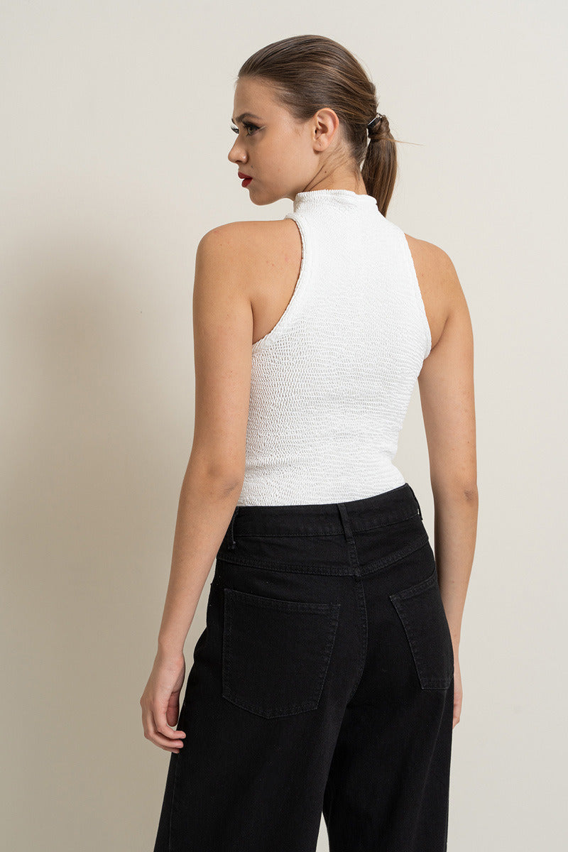 Kikiriki Women's Offwhite Mock Neck Sleeveless Top