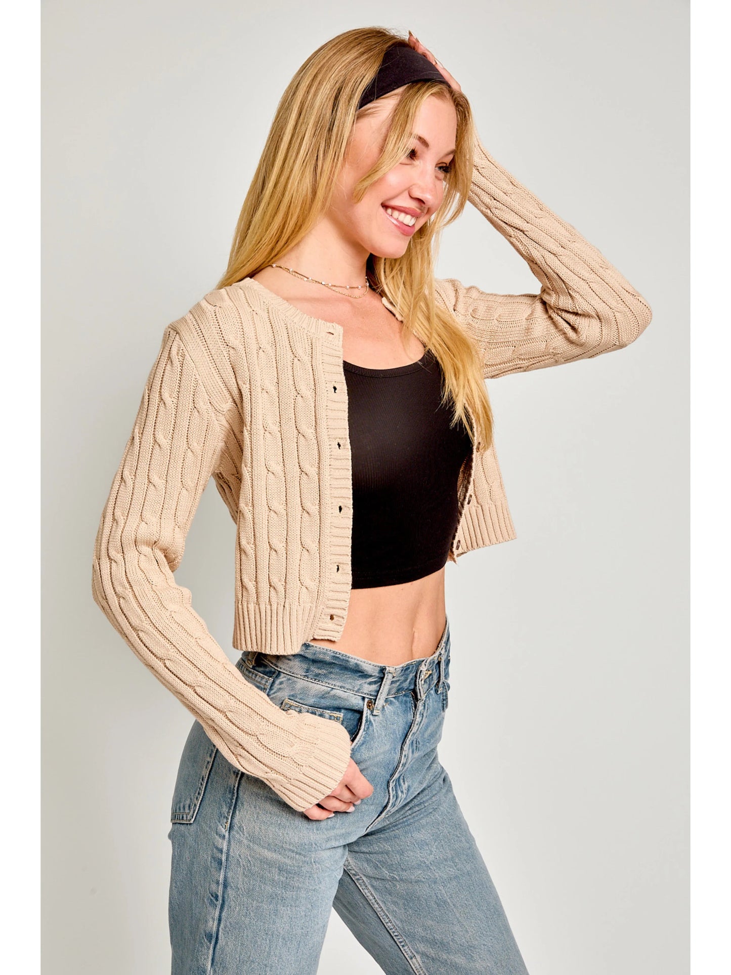 Ruby & Jenna Women's Round Neck Cropped Cable Sweater Cardigan