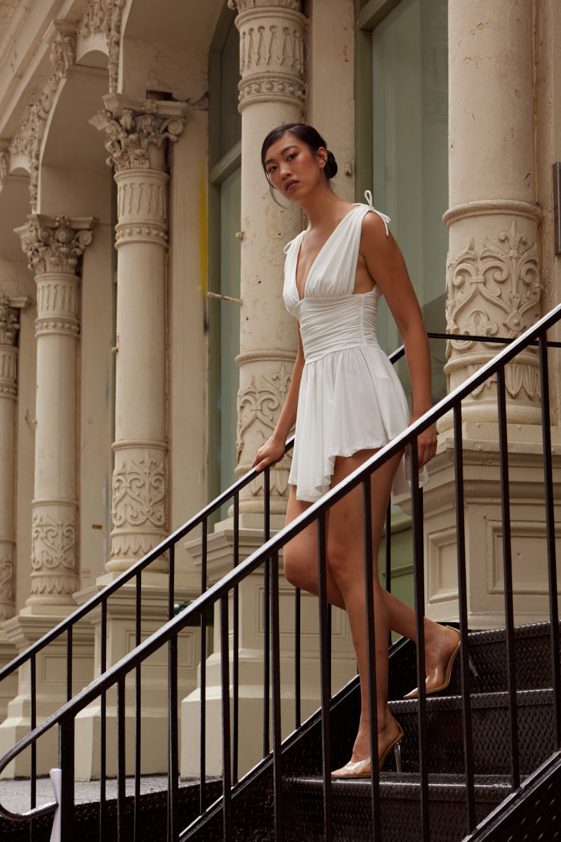 Kikiriki Women's Offwhite Plunging Ruched Mini Dress
