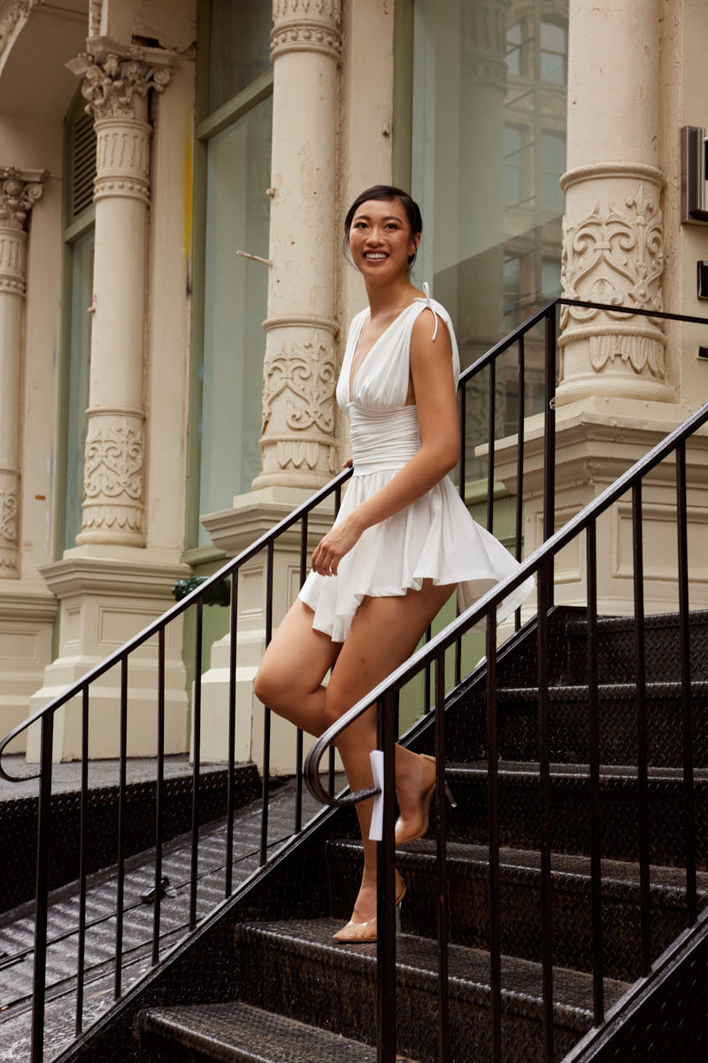 Kikiriki Women's Offwhite Plunging Ruched Mini Dress