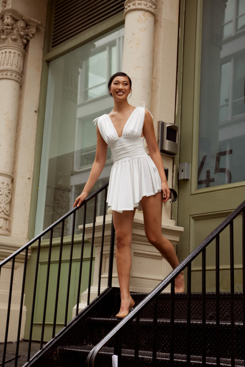 Kikiriki Women's Offwhite Plunging Ruched Mini Dress