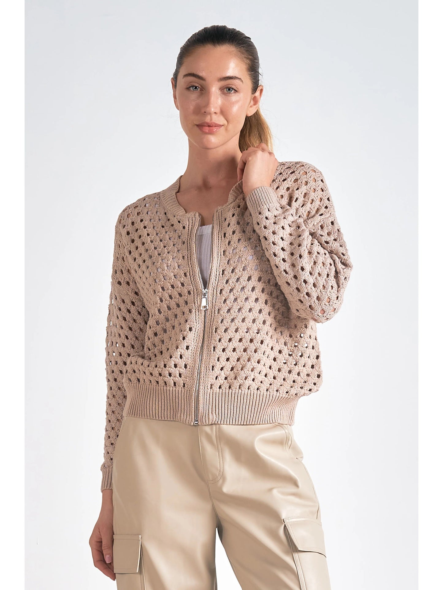 Ruby & Jenna Women's Zip Up Hole Sweater