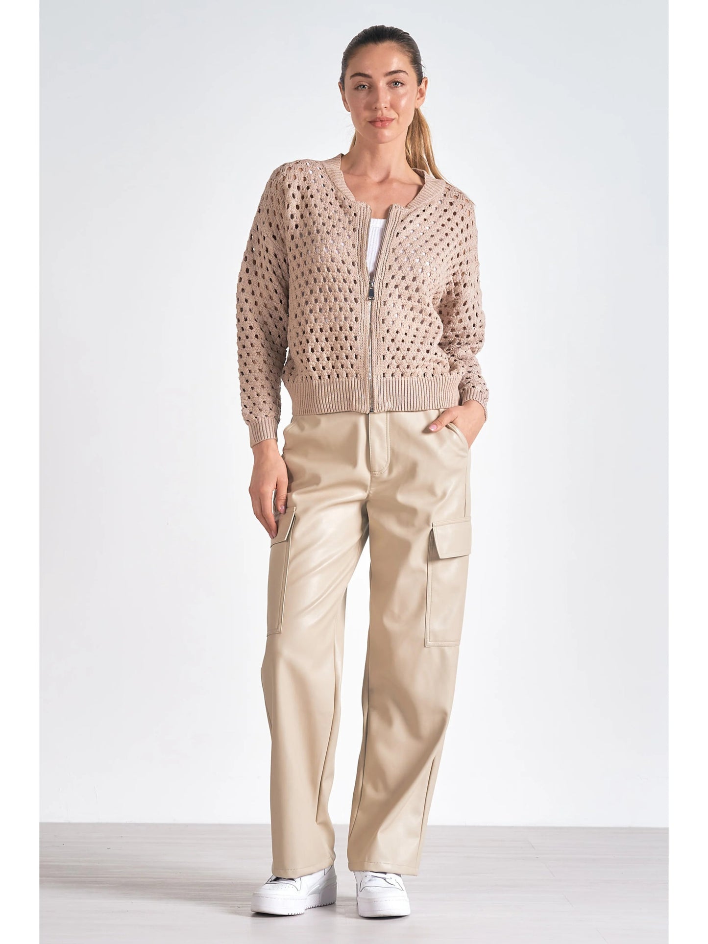 Ruby & Jenna Women's Zip Up Hole Sweater