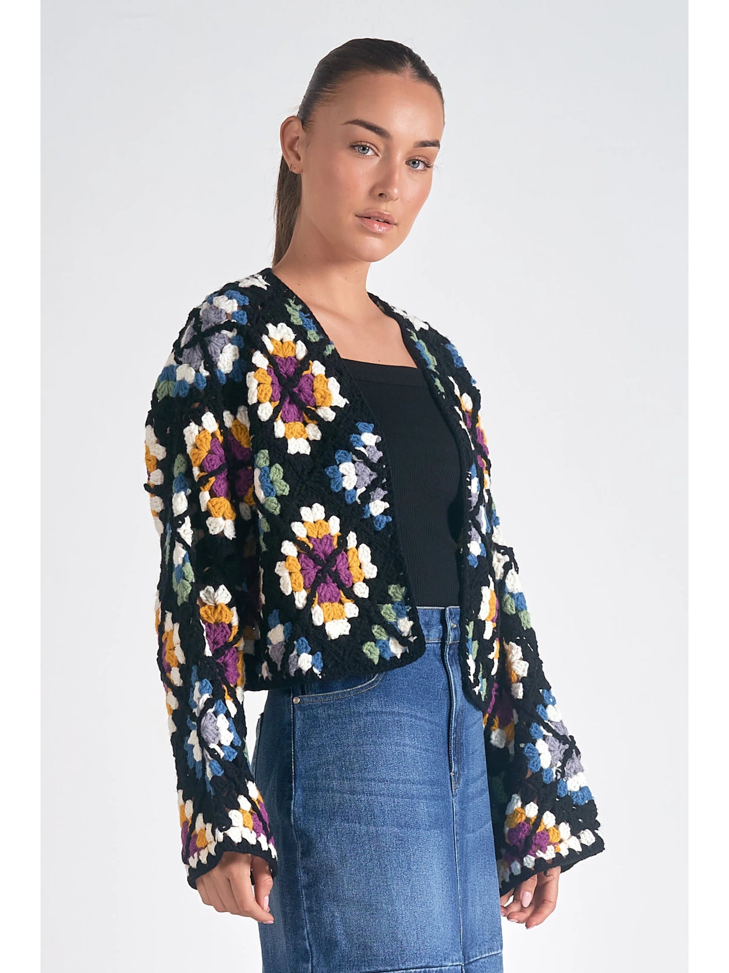 Ruby & Jenna Women's Crop Crochet Multi Sweater