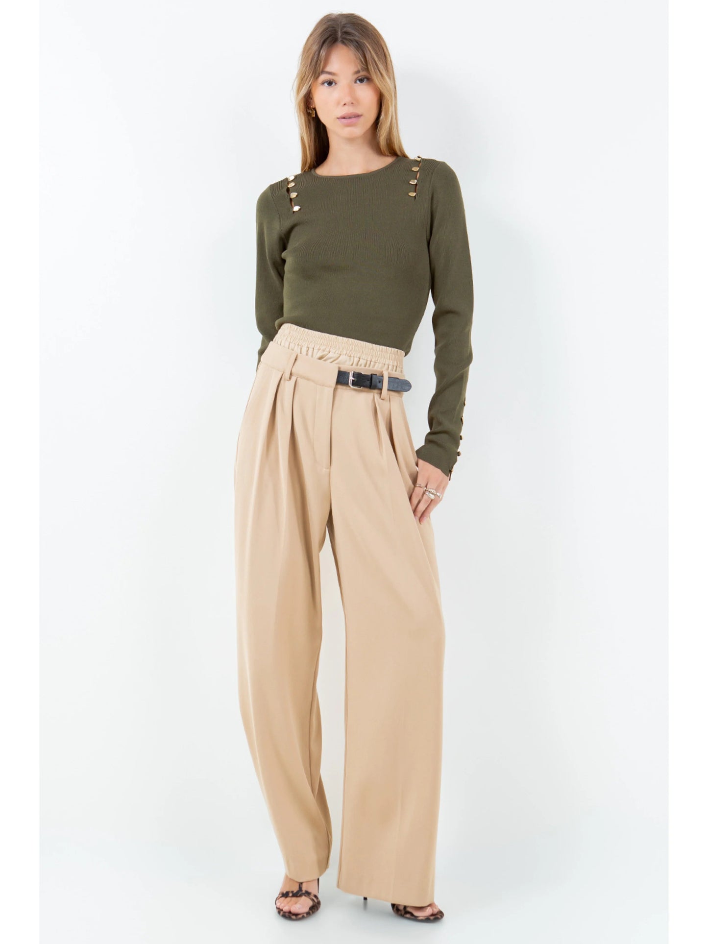 Ruby & Jenna Women's Double Layer Belt Detail Pant