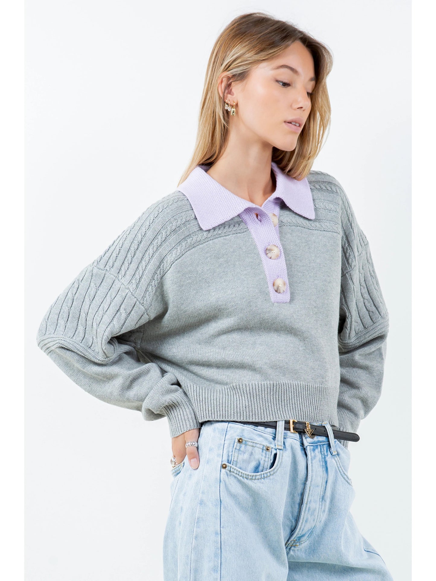 Ruby & Jenna Women's Contrast Collar Cable Pointelle Sweater