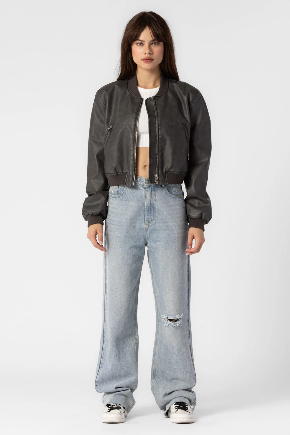 Ruby & Jenna Women's Faded Faux Leather Cropped Bomber
