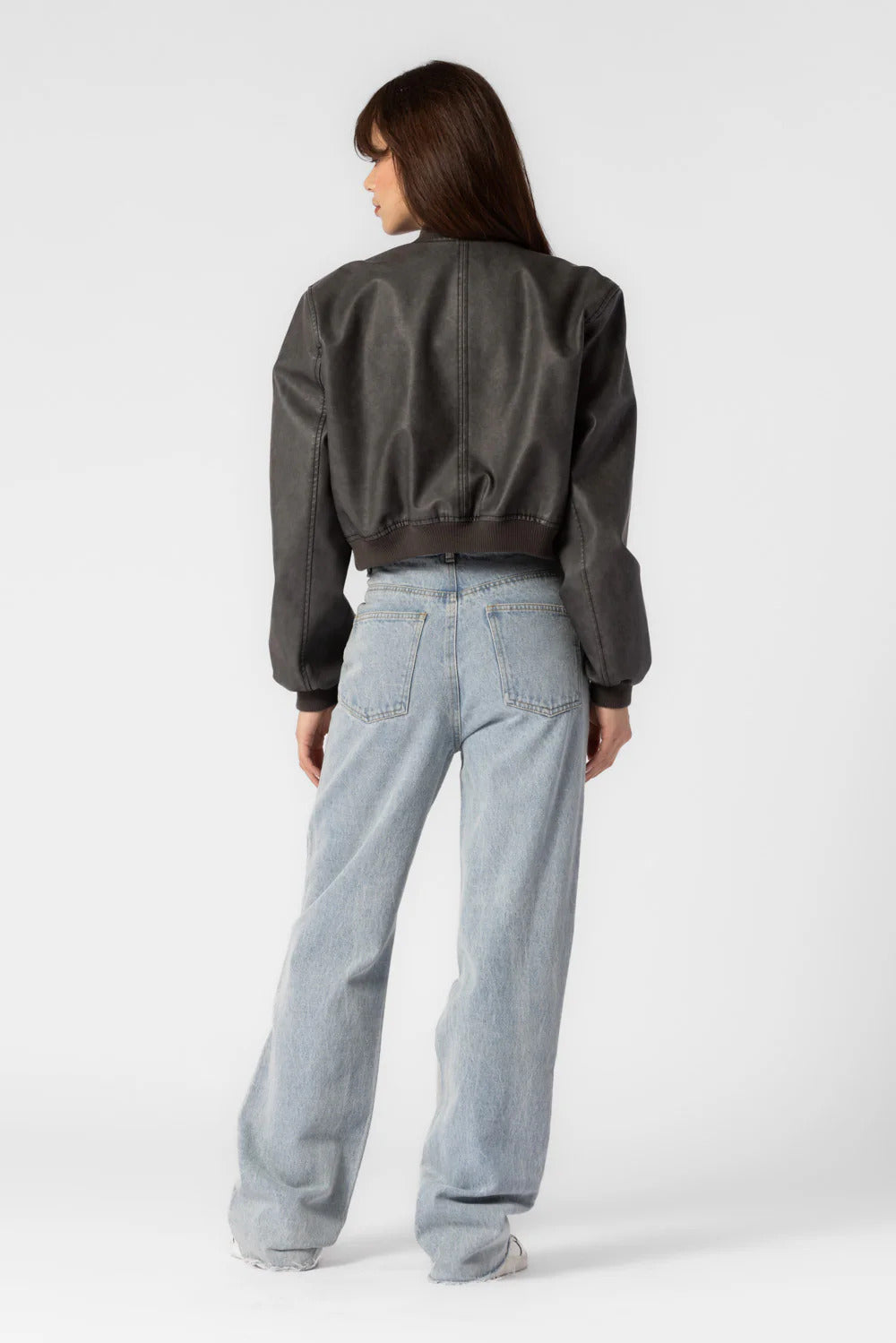 Ruby & Jenna Women's Faded Faux Leather Cropped Bomber