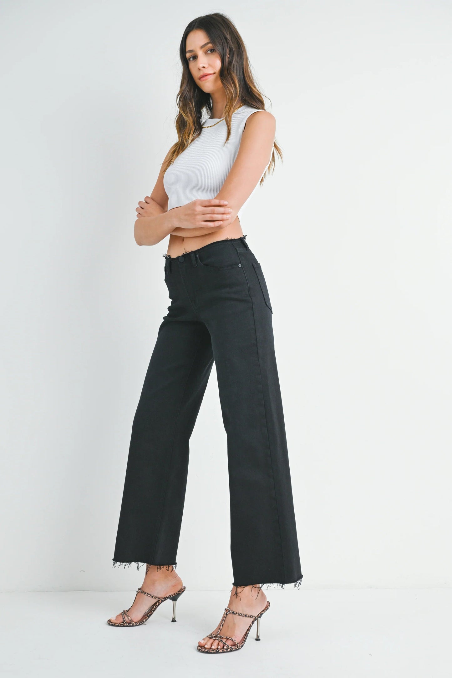 Ruby & Jenna Women's Just Black - Frayed Waistband Slouchy Wide Leg