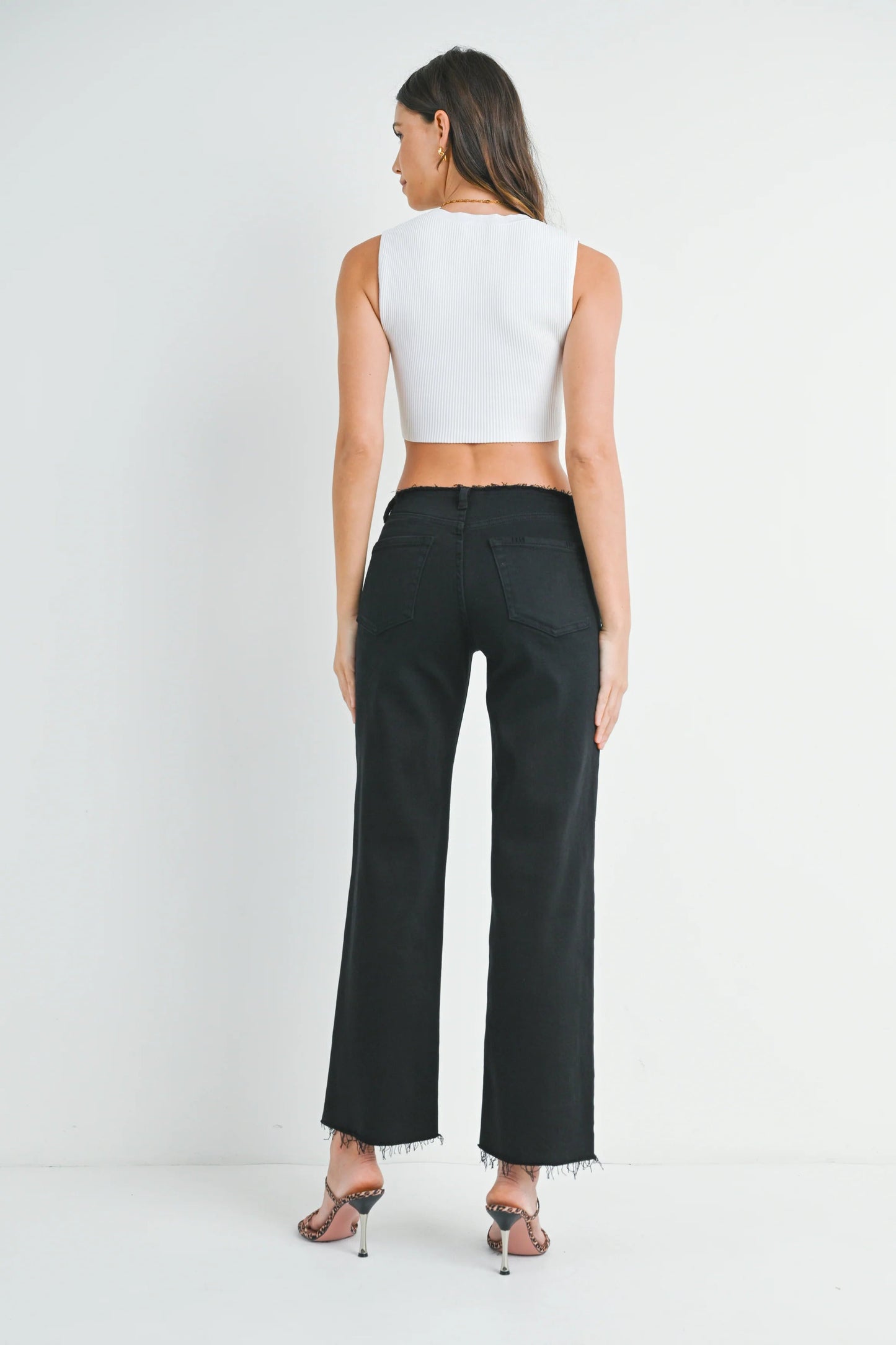 Ruby & Jenna Women's Just Black - Frayed Waistband Slouchy Wide Leg