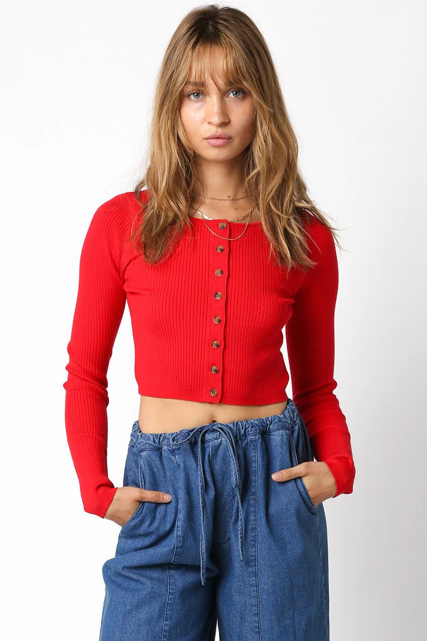 Ruby & Jenna Women's Cropped Rib Button Down Sweater