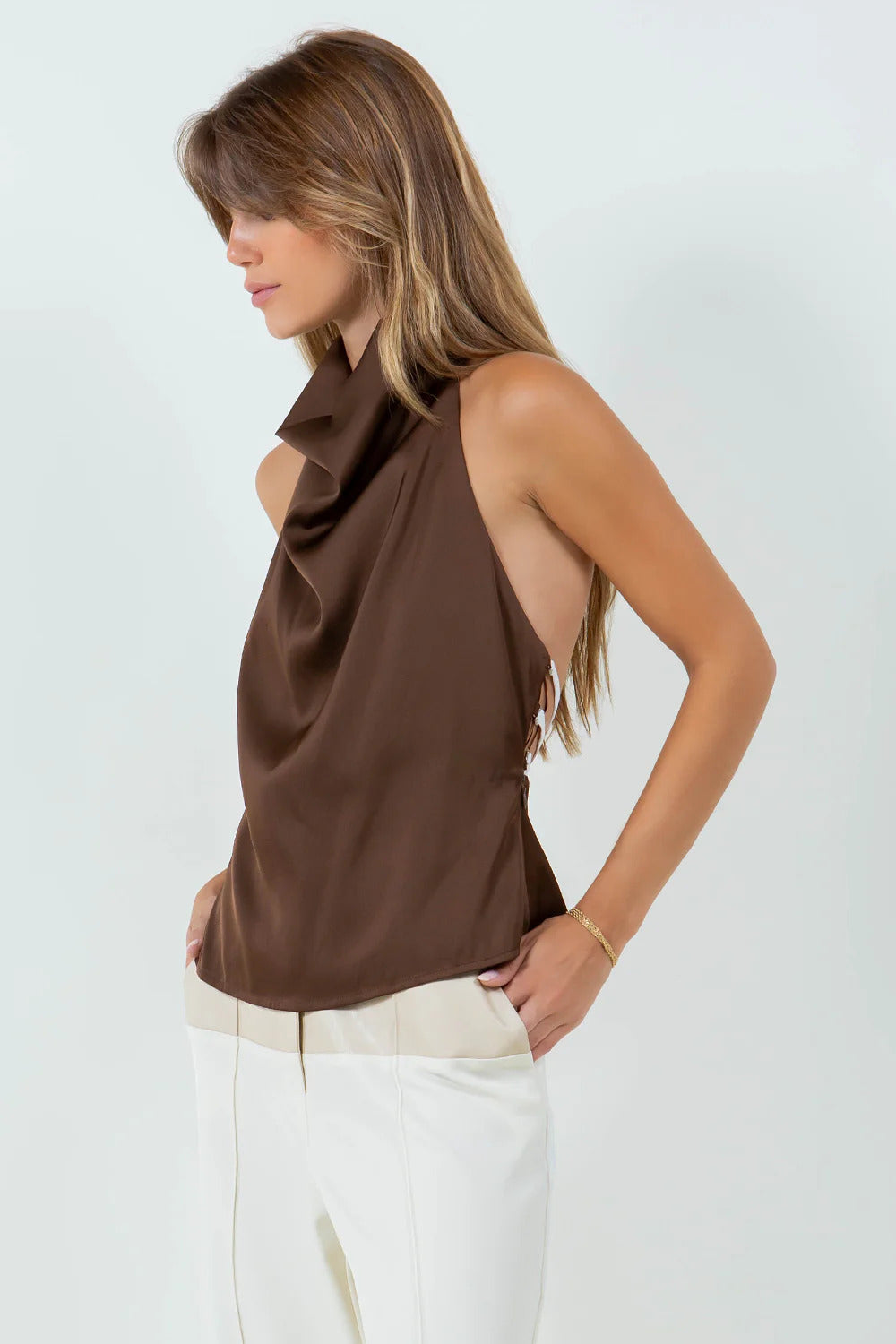 Ruby & Jenna Women's Cowl Satin Tank With Bow