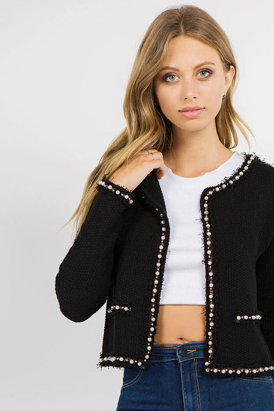 Ruby & Jenna Women's Frayed Pearl Trim Detail Textured Jacket