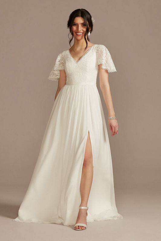 David's Bridal Women's Lace Chiffon Flutter Sleeve A-Line Wedding Dress - Missy