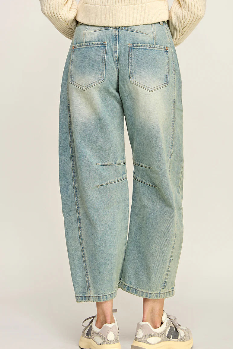 Ruby & Jenna Women's Mid Rise Barrel Jean - denim