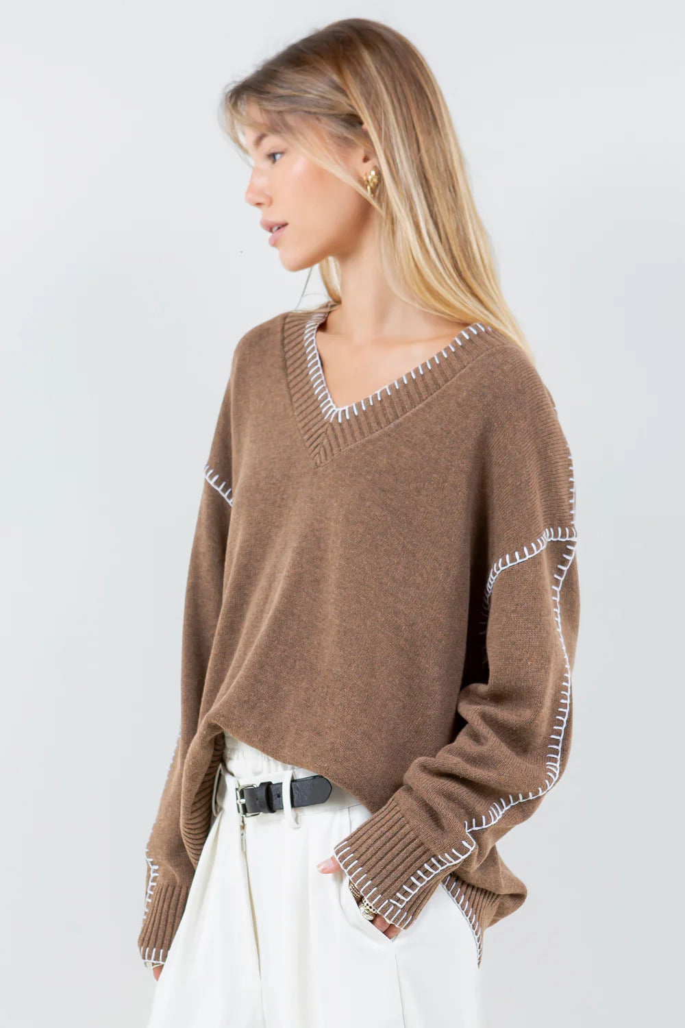 Ruby & Jenna Women's Blanket Stitch Sweater
