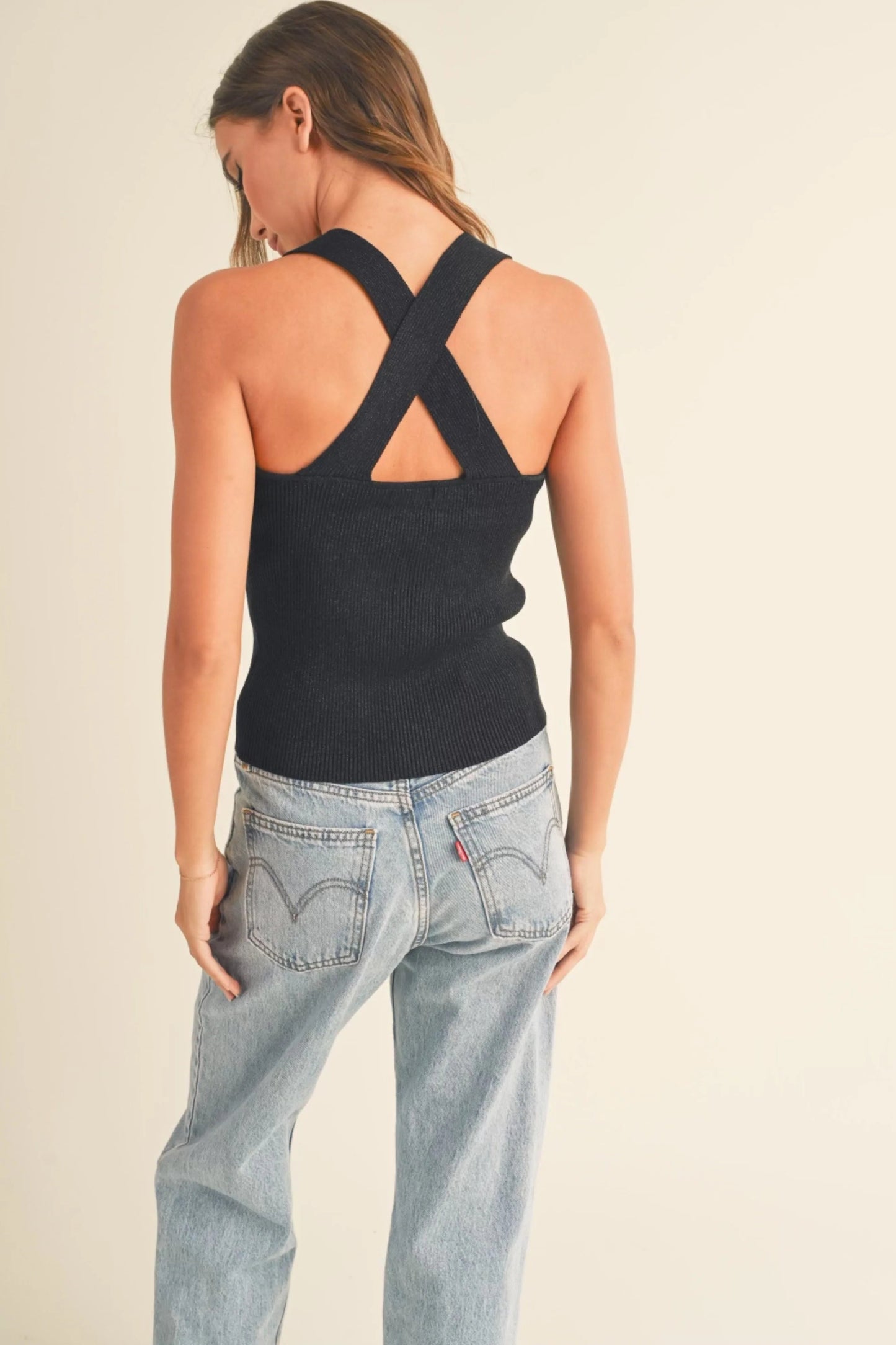 Ruby & Jenna Women's Metallic Knitted Cross Back Top