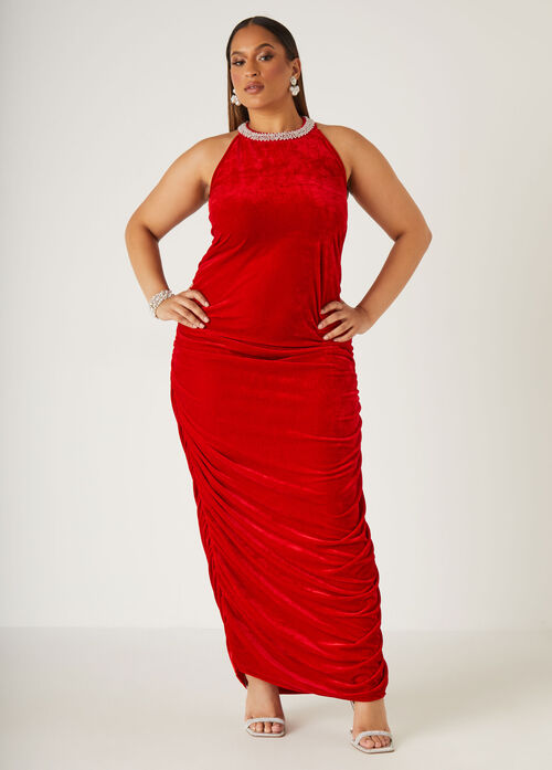 Ashley Stewart Embellished Ruched Velvet Gown