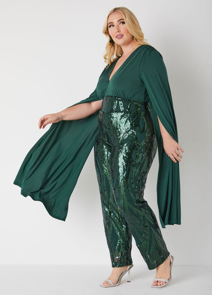 Knotted Straight Drama Sleeved Sequined Jumpsuit