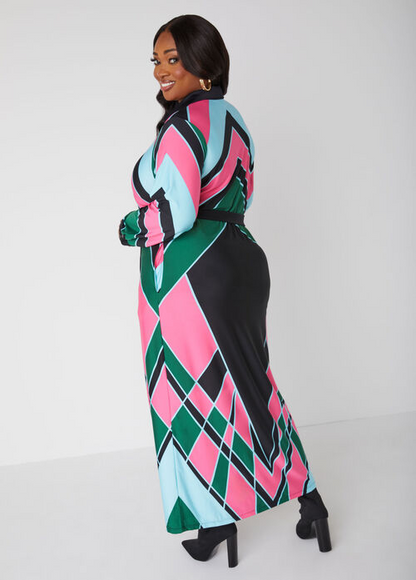 Ashley Stewart Belted Colorblock Maxi Shirtdress