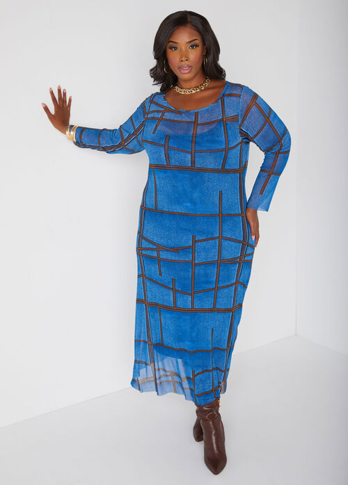 Ashley Stewart Denim Print Mesh Maxi Dress