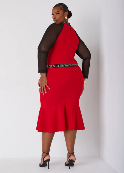 Ashley Stewart Flounced Mesh Paneled Dress