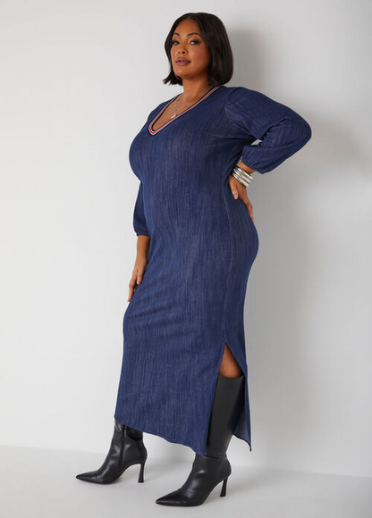 Ashley Stewart Textured Denim Maxi Dress