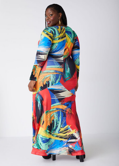 Ashley Stewart Ruched Printed Keyhole Maxi Dress