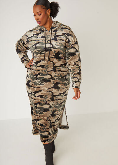 Ashley Stewart Hooded Camo Velour Maxi Dress