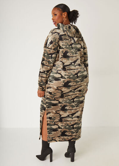 Ashley Stewart Hooded Camo Velour Maxi Dress