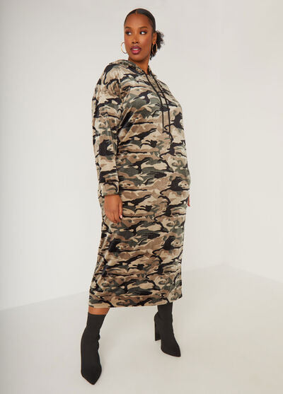 Ashley Stewart Hooded Camo Velour Maxi Dress