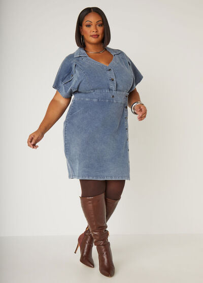 Ashley Stewart Button Detailed Denim Mini Dress