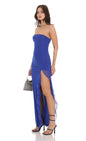 Lucy In The Sky Strapless Mesh Ruffle Slit Dress in Royal Blue