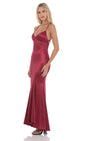 Lucy In The Sky Satin Open Back Mermaid Maxi Dress in Maroon
