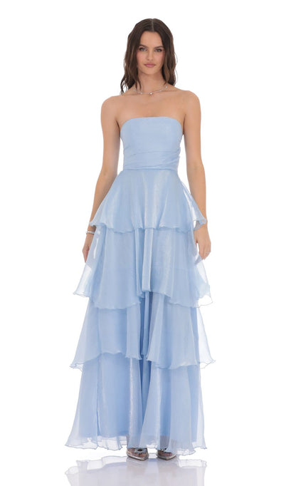 Lucy In The Sky Corset Ruffle Strapless Maxi Dress in Sky Blue