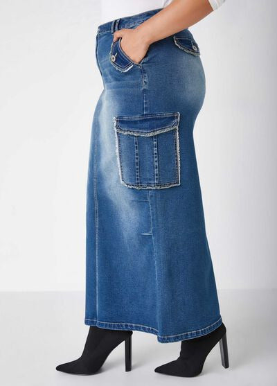 Ashley Stewart Frayed Denim Cargo Maxi Skirt