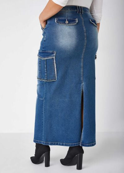 Ashley Stewart Frayed Denim Cargo Maxi Skirt