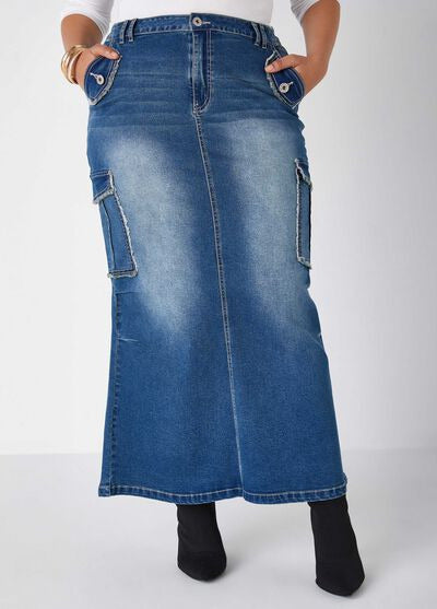 Ashley Stewart Frayed Denim Cargo Maxi Skirt