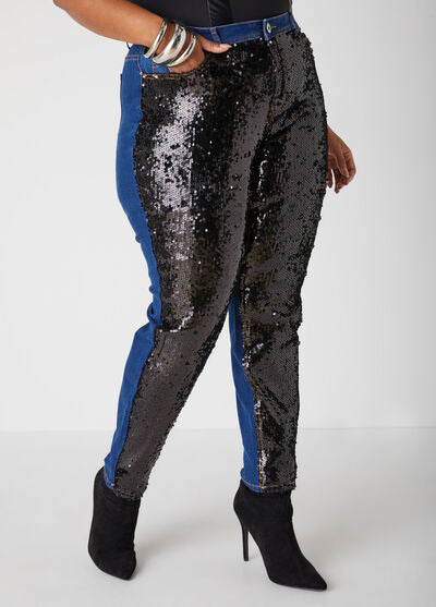 Ashley Stewart Sequined Mid Rise Skinny Jeans