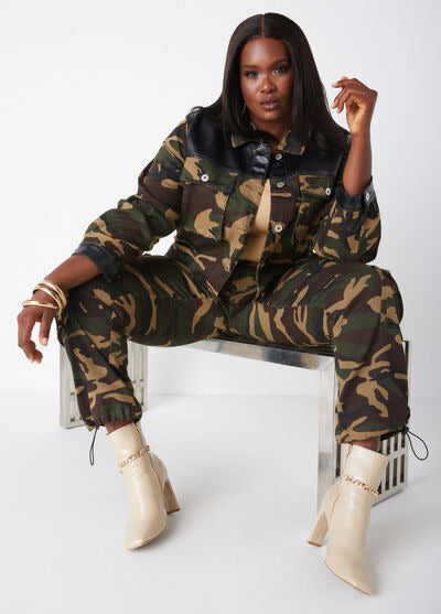 Ashley Stewart Paneled Camo Denim Cropped Jacket