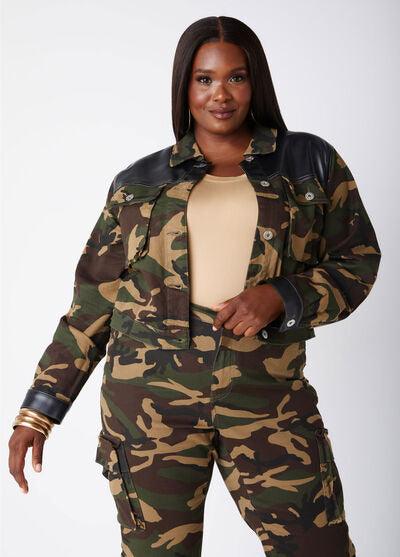 Ashley Stewart Paneled Camo Denim Cropped Jacket