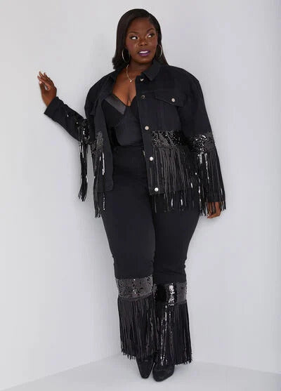 Ashley Stewart Fringed Sequined Flared Jeans