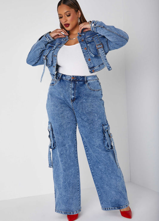 Ashley Stewart Cropped Buckled Denim Jacket