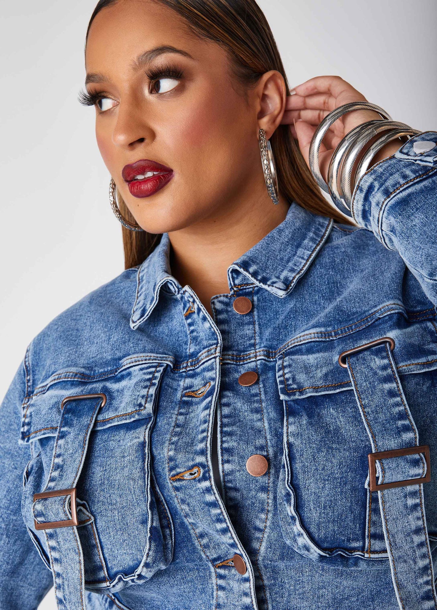 Ashley Stewart Cropped Buckled Denim Jacket