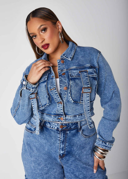 Ashley Stewart Cropped Buckled Denim Jacket